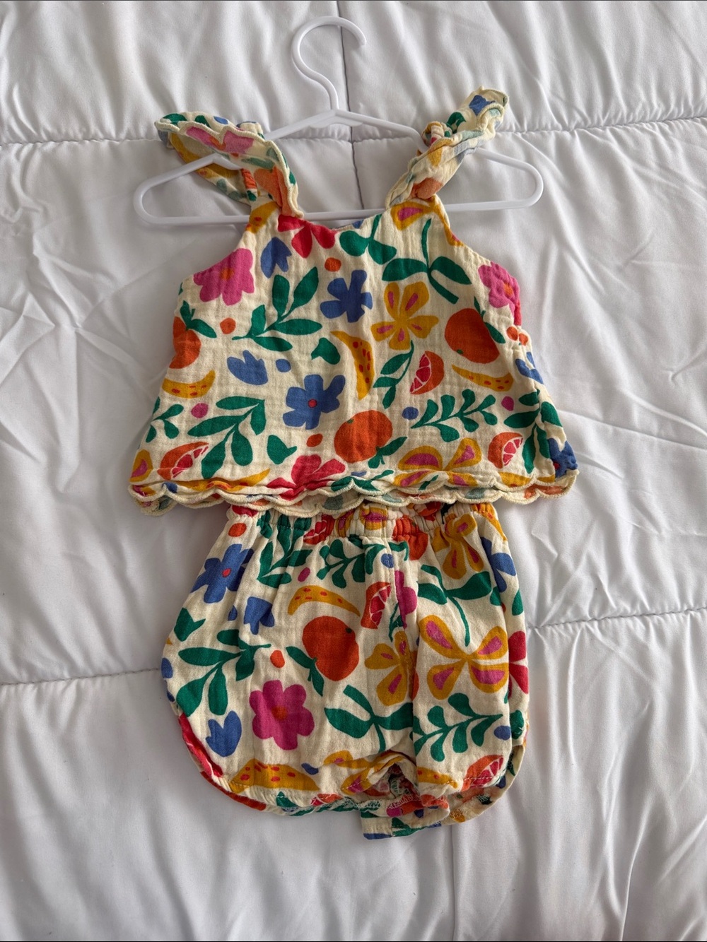 Girls Floral Print Two-Piece Tank & Bloomers Set - Cream